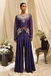 Buy_Ekru_Purple Organza, Silk, Bamboo Embroidery Round Neck Jacket And Pant Set _at_Aza_Fashions