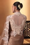 Ekru_Ivory Linen, Chanderi, Satin Embroidery High Neck And Gold Noor-e-nisbat Saree Set _Online_at_Aza_Fashions
