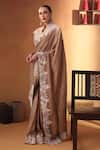 Buy_Ekru_Ivory Linen, Chanderi, Satin Embroidery High Neck And Gold Noor-e-nisbat Saree Set _at_Aza_Fashions