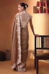 Shop_Ekru_Ivory Linen, Chanderi, Satin Embroidery High Neck And Gold Noor-e-nisbat Saree Set _at_Aza_Fashions