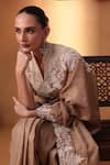 Buy_Ekru_Ivory Linen, Chanderi, Satin Embroidery High Neck And Gold Noor-e-nisbat Saree Set _Online_at_Aza_Fashions