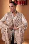 Ekru_Ivory Chanderi, Modal, Satin Embroidery Gulistan Jacket And Draped Skirt Set _Online_at_Aza_Fashions
