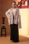 Buy_Ekru_Ivory Chanderi, Modal, Satin Embroidery Gulistan Jacket And Draped Skirt Set _at_Aza_Fashions