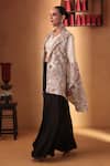 Shop_Ekru_Ivory Chanderi, Modal, Satin Embroidery Gulistan Jacket And Draped Skirt Set _Online_at_Aza_Fashions