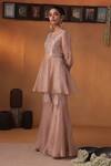 Ekru_Pink Tissue, Linen, Satin Embroidery V-neck Drape Kurta Set With Pant _Online_at_Aza_Fashions