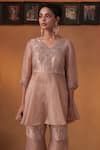 Buy_Ekru_Pink Tissue, Linen, Satin Embroidery V-neck Drape Kurta Set With Pant _Online_at_Aza_Fashions