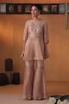 Buy_Ekru_Pink Tissue, Linen, Satin Embroidery V-neck Drape Kurta Set With Pant _at_Aza_Fashions