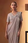 Ekru_Beige Modal, Brocade, Silk Tassels V-neck Oyestre Noorani Pre-draped Saree Set _Online_at_Aza_Fashions