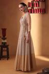 Ekru_Gold Organza, Tissue Embroidery V-neck Designer Amara Anarkali Set _Online_at_Aza_Fashions