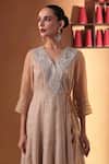 Buy_Ekru_Gold Organza, Tissue Embroidery V-neck Designer Amara Anarkali Set _Online_at_Aza_Fashions