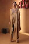 Buy_Ekru_Gold Linen, Silk Shaam-e-noor Cape And Cigarette Pant Set _at_Aza_Fashions