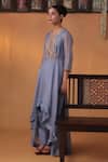 Shop_Ekru_Blue Organza, Cotton Satin Embroidery Round Bluish Grey Chandrika Co-ord Set _Online_at_Aza_Fashions