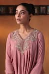 Buy_Ekru_Pink Chiffon, Linen Beads, Sequins V-neck Muskaan Top With Cigarette Pant _Online_at_Aza_Fashions