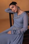 Ekru_Blue Georgette, Organza Embroidery V-neck Noorani Drape Gown _Online_at_Aza_Fashions