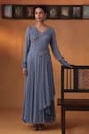 Buy_Ekru_Blue Georgette, Organza Embroidery V-neck Noorani Drape Gown _at_Aza_Fashions