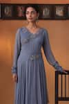 Buy_Ekru_Blue Georgette, Organza Embroidery V-neck Noorani Drape Gown _Online_at_Aza_Fashions