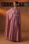 Buy_Ekru_Pink Chanderi, Georgette Round Neck Aab-e-bahar Gown _at_Aza_Fashions