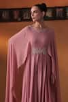 Buy_Ekru_Pink Chanderi, Georgette Round Neck Aab-e-bahar Gown _Online_at_Aza_Fashions