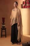 Buy_Ekru_Gold Tissue, Linen Embroidery V-neck And Black Draped Top With Palazzo _at_Aza_Fashions