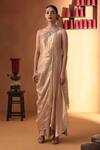 Buy_Ekru_Gold Tissue, Linen Embroidery One Shoulder Elysian Drape Gown _at_Aza_Fashions