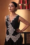 Shop_Ekru_Black Silk Embroidery V-neck Zarqaa Waistcoat And Palazzo Set _Online_at_Aza_Fashions