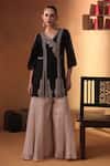 Buy_Ekru_Black Linen, Satin, Tissue Embroidery V-neck Ziyaan Jacket And Sharara Set _at_Aza_Fashions