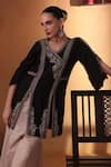 Shop_Ekru_Black Linen, Satin, Tissue Embroidery V-neck Ziyaan Jacket And Sharara Set _at_Aza_Fashions
