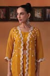 Ekru_Mustard Organza, Linen Embroidery Open Neck Yellow Zariya Kurta Set _Online_at_Aza_Fashions