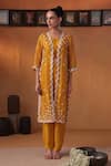 Buy_Ekru_Mustard Organza, Linen Embroidery Open Neck Yellow Zariya Kurta Set _at_Aza_Fashions
