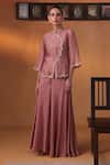 Buy_Ekru_Pink Organza, Silk Embroidery High Neck Canyon Rose Jacket And Pant Set _at_Aza_Fashions