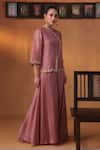 Shop_Ekru_Pink Organza, Silk Embroidery High Neck Canyon Rose Jacket And Pant Set _Online_at_Aza_Fashions
