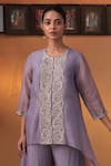 Shop_Ekru_Lavender Organza, Linen Embroidery Round Neck Haze Co-ord Set _at_Aza_Fashions