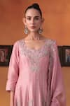 Ekru_Pink Chanderi, Organza Embroidery Round Neck Raag-e-noor Anarkali Kurta Set _Online_at_Aza_Fashions