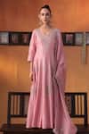 Buy_Ekru_Pink Chanderi, Organza Embroidery Round Neck Raag-e-noor Anarkali Kurta Set _at_Aza_Fashions