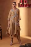 Buy_Ekru_Gold Organza, Chanderi, Linen Embroidery V-neck Co-ord Set _at_Aza_Fashions