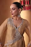 Shop_Ekru_Gold Organza, Chanderi, Linen Embroidery V-neck Co-ord Set _Online_at_Aza_Fashions