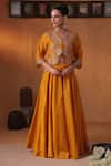 Buy_Ekru_Mustard Organza, Chanderi Embroidery Round Swarna Leher Jacket And Lehenga Set _at_Aza_Fashions