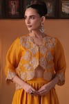 Buy_Ekru_Mustard Organza, Chanderi Embroidery Round Swarna Leher Jacket And Lehenga Set _Online_at_Aza_Fashions