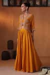 Shop_Ekru_Mustard Organza, Chanderi Embroidery Round Swarna Leher Jacket And Lehenga Set _Online_at_Aza_Fashions