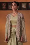 Buy_Ekru_Mint Organza, Modal Embroidery Open Neck Green Kiran Ka Saaya Jacket Set _Online_at_Aza_Fashions