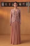 Buy_Ekru_Pink Chiffon, Silk, Linen Sequins, Embroidery Genda Phool Jacket And Lehenga Set _at_Aza_Fashions