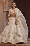 Shop_Kritika Dawar_Ivory , Organza Embroidery V-neck Chand Phool Motif Lehenga Set _Online_at_Aza_Fashions