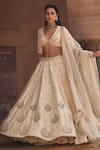 Kritika Dawar_Ivory , Organza Embroidery V-neck Chand Phool Motif Lehenga Set _at_Aza_Fashions