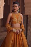 Buy_Kritika Dawar_Rust , Organza Sequins, Embroidery Halter Neck Mustard Lehenga Set _Online_at_Aza_Fashions