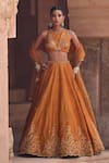 Buy_Kritika Dawar_Rust , Organza Sequins, Embroidery Halter Neck Mustard Lehenga Set _at_Aza_Fashions
