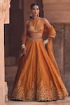 Buy_Kritika Dawar_Rust , Organza Sequins, Embroidery Halter Neck Mustard Lehenga Set 