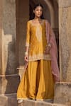 Shop_Kritika Dawar_Yellow , Organza Pearls, Sequins, Embroidery Round Paisley Sharara Set _Online_at_Aza_Fashions