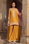 Buy_Kritika Dawar_Yellow , Organza Pearls, Sequins, Embroidery Round Paisley Sharara Set _at_Aza_Fashions