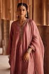 Kritika Dawar_Blush , Chanderi, Organza Pearls V-neck Pakistani Style Kurta Set _at_Aza_Fashions