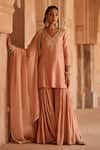 Buy_Kritika Dawar_Pink Silk, Tissue Pearls, Sequins V-neck Embroidered Kurta Sharara Set _at_Aza_Fashions